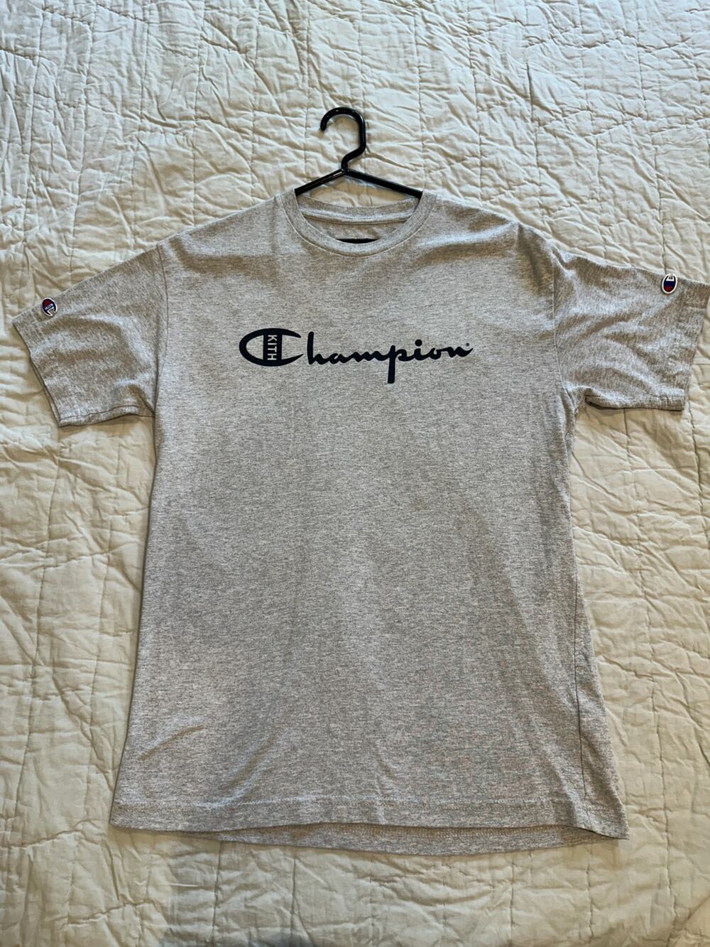 Kith x Champion T Shirt - Grey Logo Tee Script Patch Sleeves - Mens S